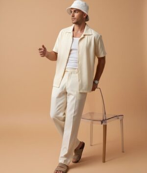 Men’s Off-White Textured Short Sleeve Shirt | Cuban Collar Summer Shirt