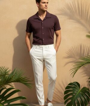 Men’s Wine Textured Short Sleeve Shirt | Casual Button-Down Summer Shirt